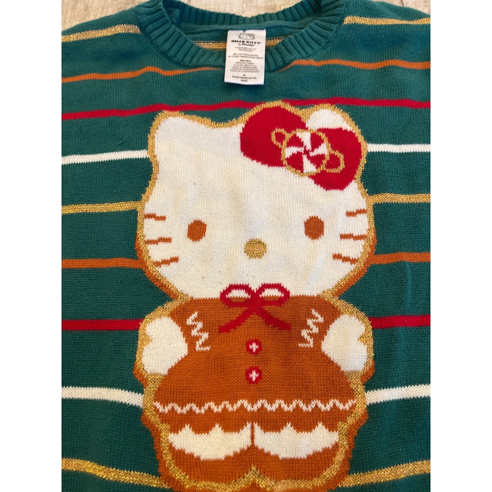 Hello Kitty Sanrio Kids XL Green Striped Gingerbread Christmas Holiday Sweater
